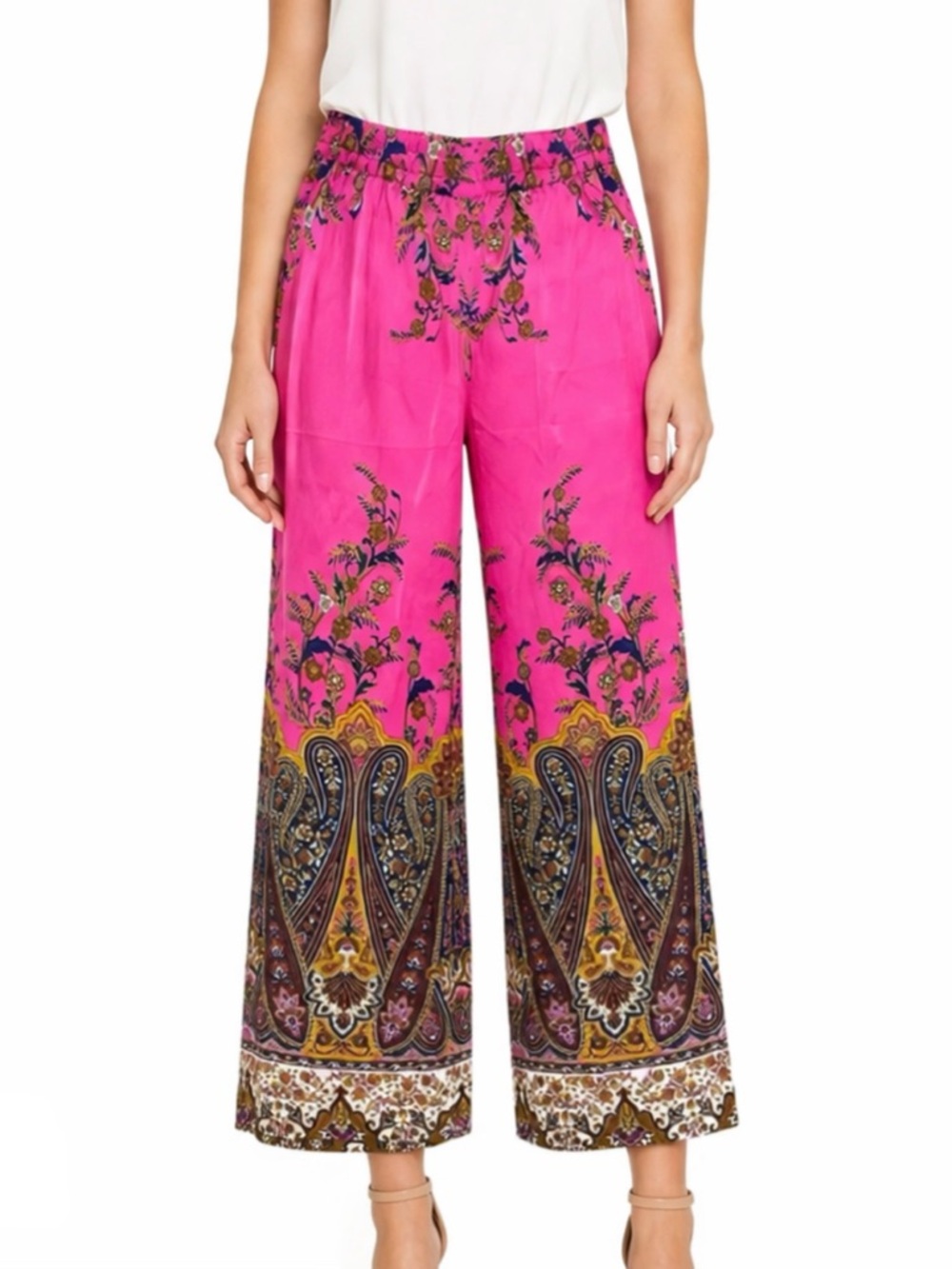 RACHEL ZOE Hot Pink Paisley Silky Wide Leg Pants Medium